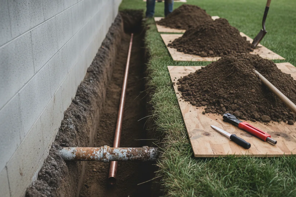 Excavated water line trench during Sewer Line Repair in Bear Mountain